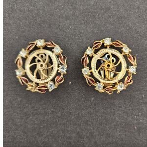 Vintage Gold Tone Crystal Wheel Statement Earring Brown Clear Sparkle Clip On